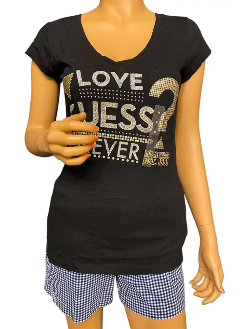 GUESS Love Guess Forever Logo Graphic V Neck Tee Black